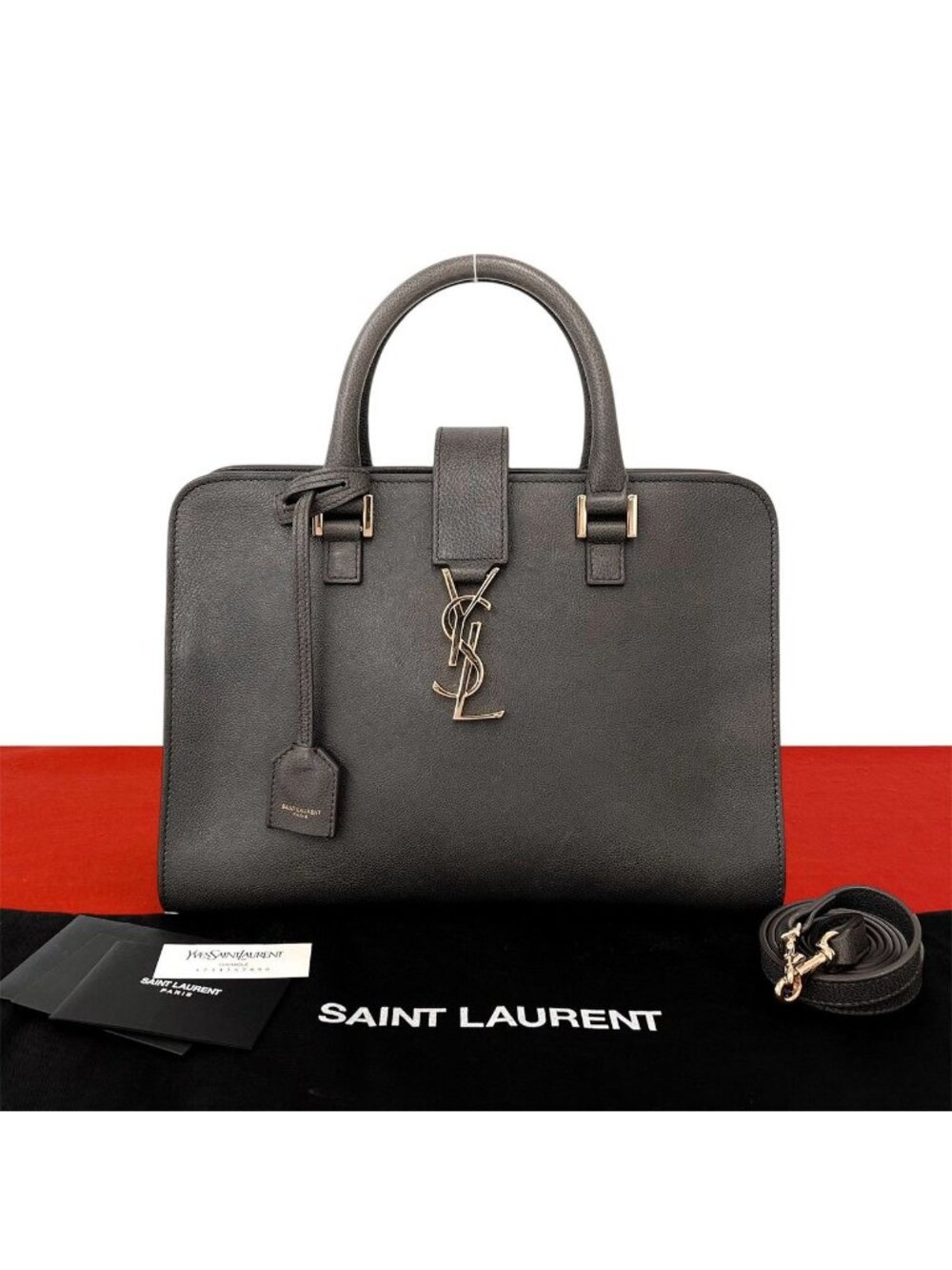 Saint Laurent Yves Baby Cabas YSL Logo Leather 2-Way Shoulder Bag Gray